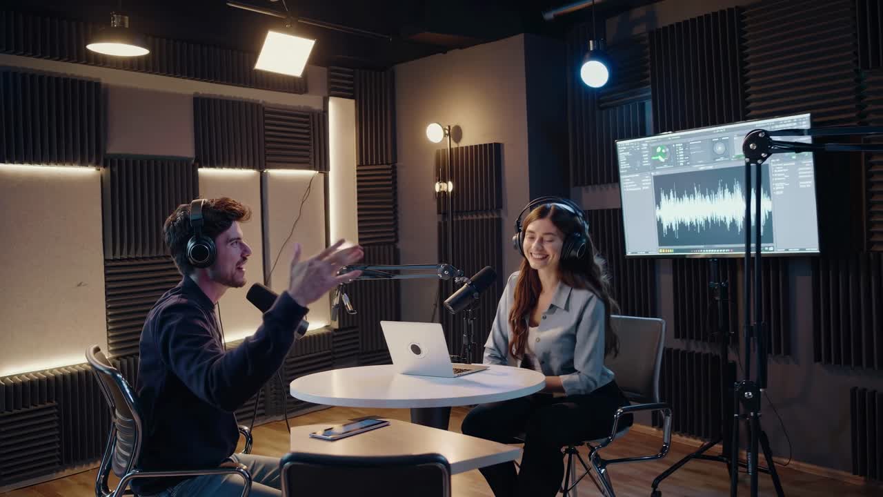 A modern podcast studio with two hosts recording a video. Shot from a side angle