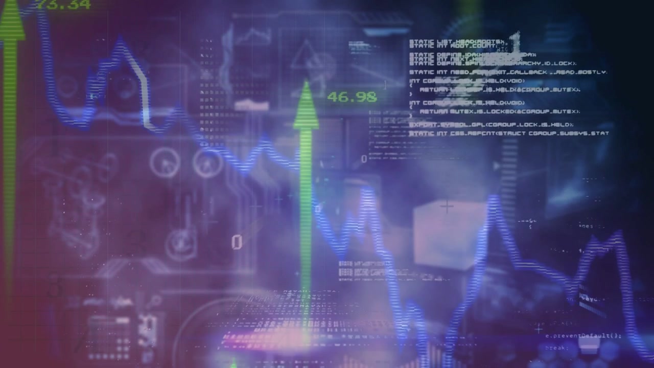 Animated panel showing blue waveform fluctuating driving green arrows rising with numbers rising