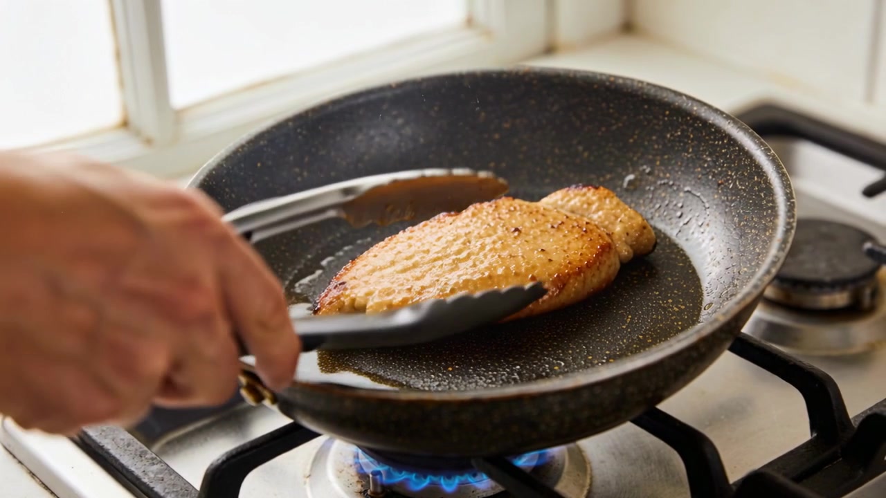 Bryna kött i panna på spisen med flammande låga, hand som vänder med tång för att bryna.