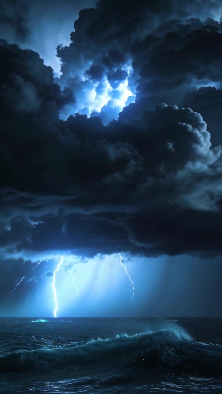 Video verticale: Fulmini a saetta che si sprigionano da una nuvola temporalesca, scagliando scariche elettriche sul mare notturno e illuminando le onde.