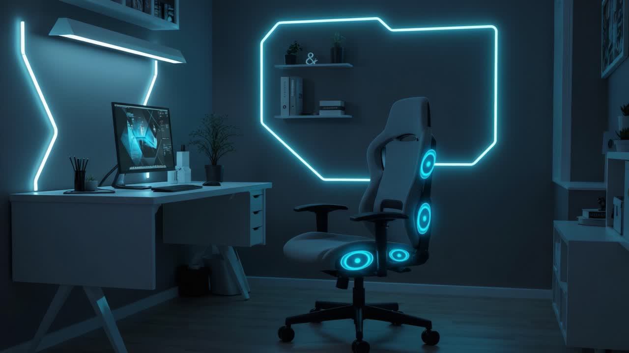 A sleek and modern gaming workspace featuring a futuristic ergonomic chair illuminated by neon blue accents, creating an inviting atmosphere for creativity and productivity