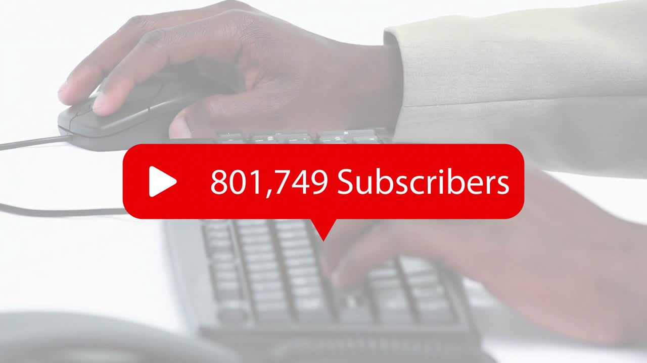 On key press hands typing and clicking while red overlay updating subscriber count to million goal