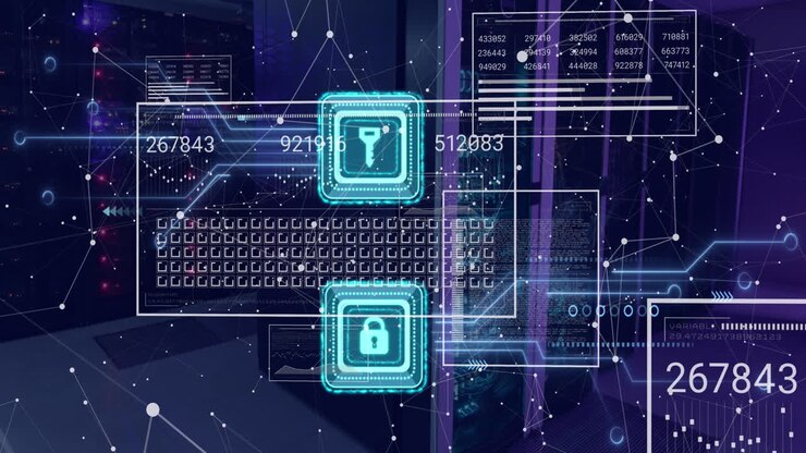 Animation of key and padlock, changing numbers over connected dots against server room
