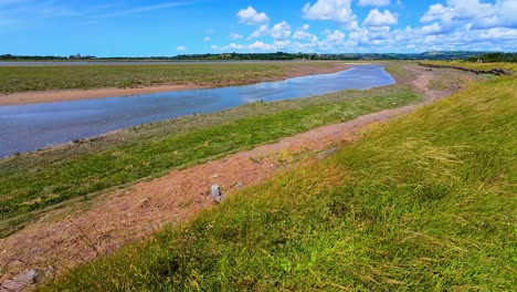 beautiful slow motion wide view of loughor estuary in south wales with different layers of long grass, paths and river flowing towards the sea with blue sky backdrop. nature footage