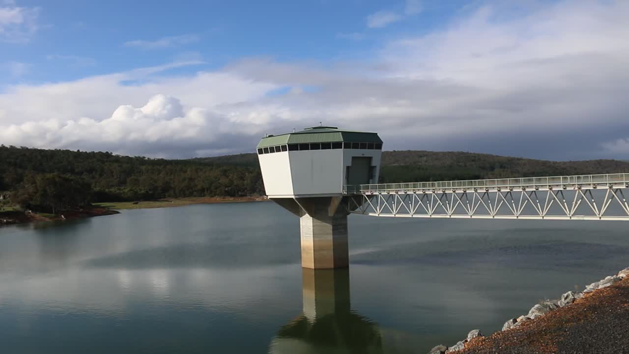 Tilt Down Clip To Reveal Harvey Dam Intake Tower Structure And Access Bridge