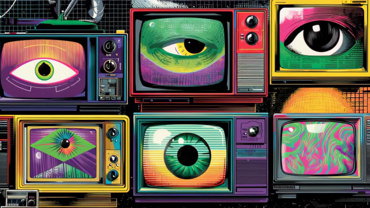 Parete di televisori vintage colorati che mostra occhi stilizzati e motivi astratti sugli schermi, simboleggiando sorveglianza, controllo dei media, privacy e monitoraggio digitale.