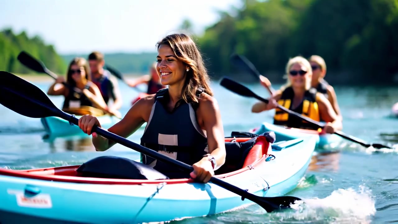 Donna felice in kayak con un gruppo su un lago soleggiato