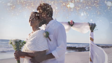 animation of light spots over biracial married couple embracing at seaside