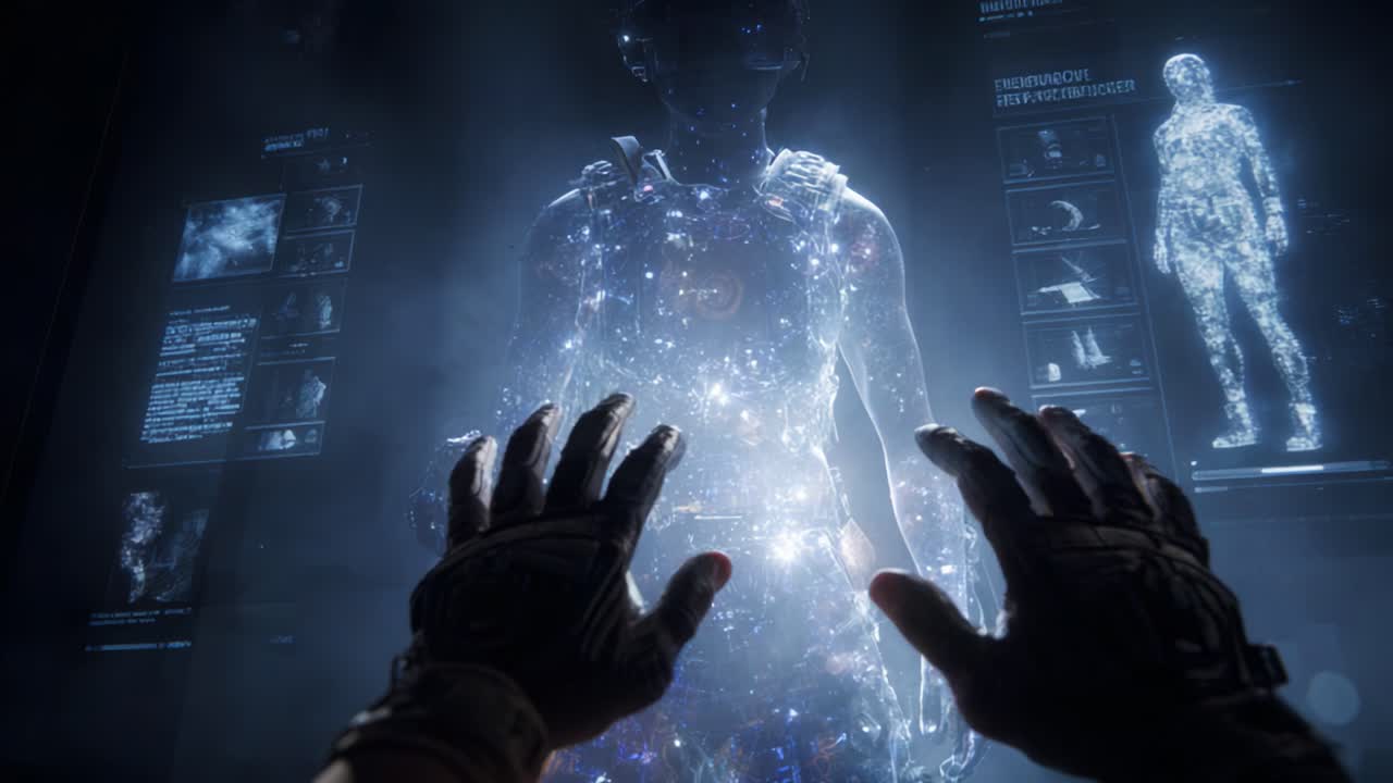 A Futuristic Encounter: Exploring the Etheric Projection of a Human Figure Surrounded by High-Tech Interfaces and Cosmic Elements in a Virtual Reality Realm