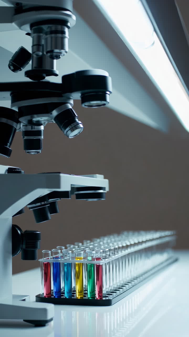 Microscope and test tubes with colored liquids