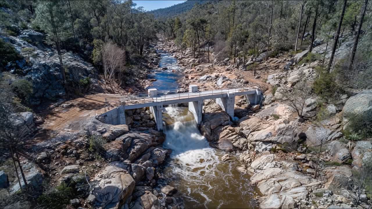 Aerial View of a Flowing River with a Bridge Over Rocky Terrain, Capturing the Beauty of Nature's Waterway and Surrounding Forested Area