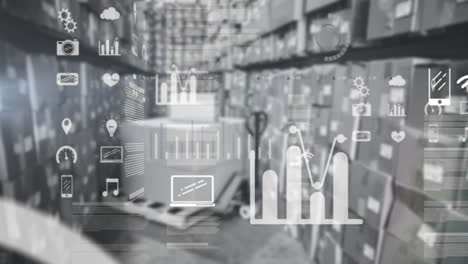 animation der finanzdatenverarbeitung mit digitalen icons über dem lager im hintergrund