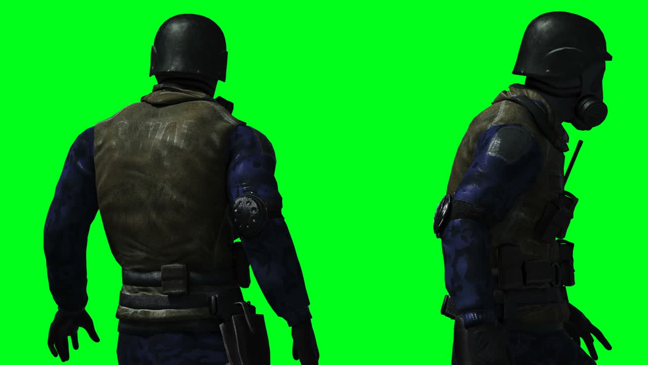 Animação de soldado militar. Físico, movimento, desfoque. Animação 4k realista. Tela verde.
