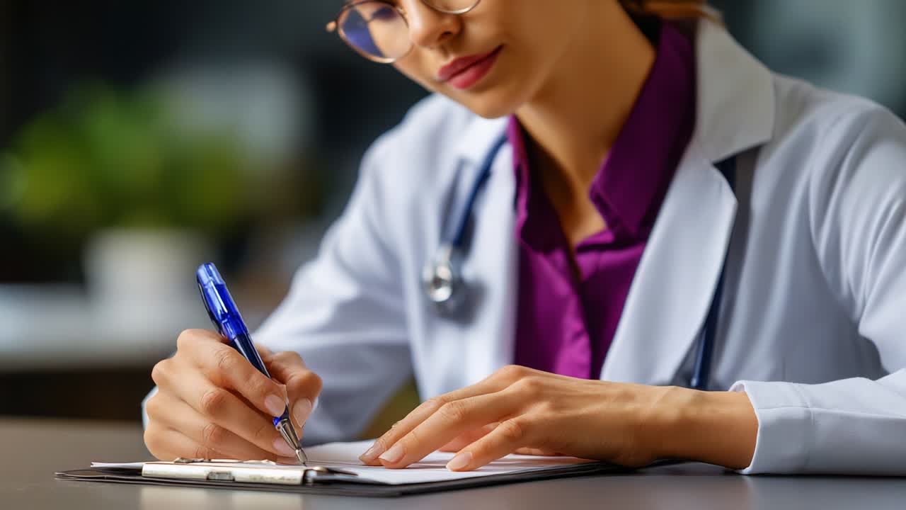 A focused healthcare professional, dressed in a white lab coat, diligently records patient information using a pen on a clipboard while seated at a desk, showcasing the importance of meticulous documentation in medical practice