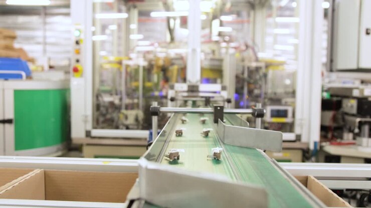 Green Conveyor Belt Transporting Circuit Breakers Inside Factory. Locked Off