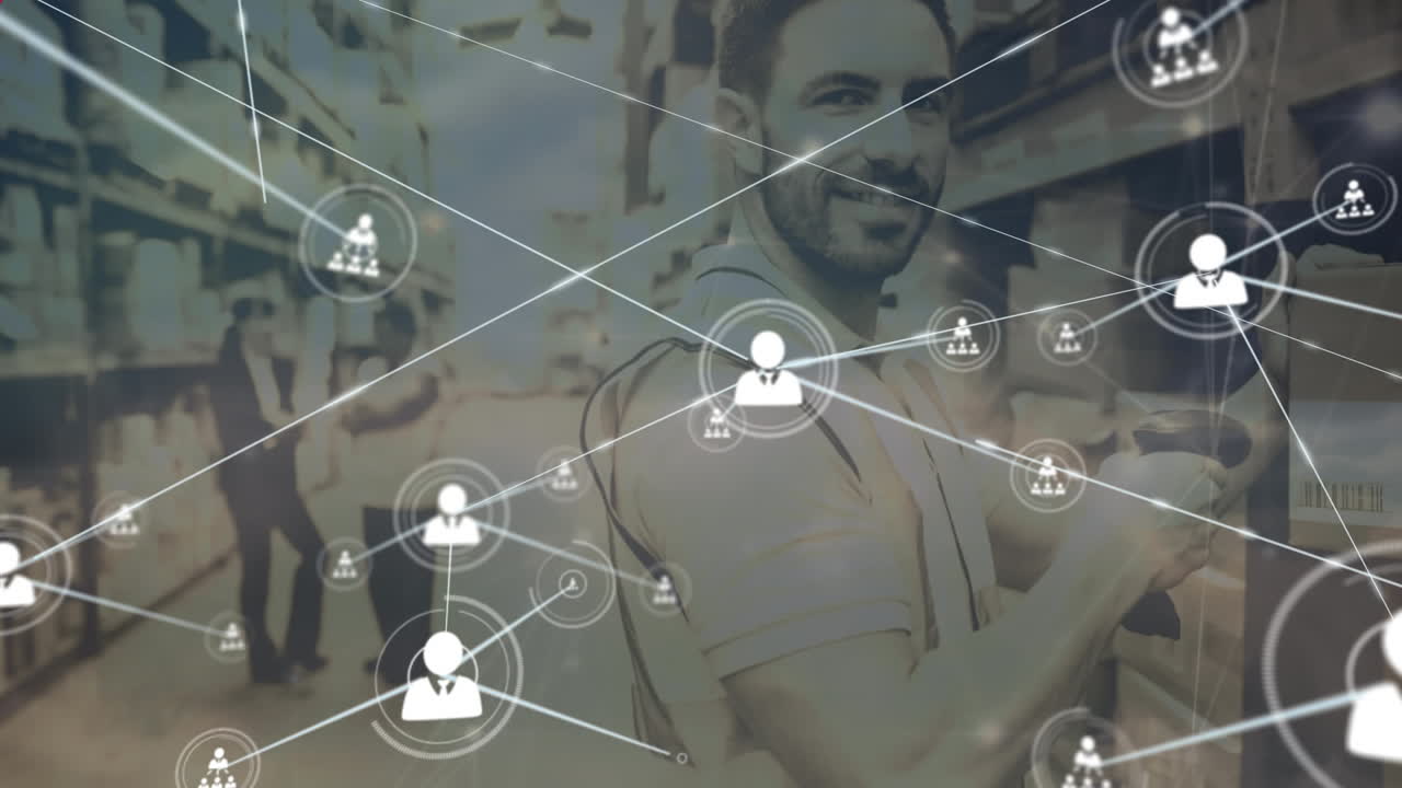 animación de patrón abstracto rojo, iconos de perfil conectados, inventario de escaneo de trabajadores caucásicos.