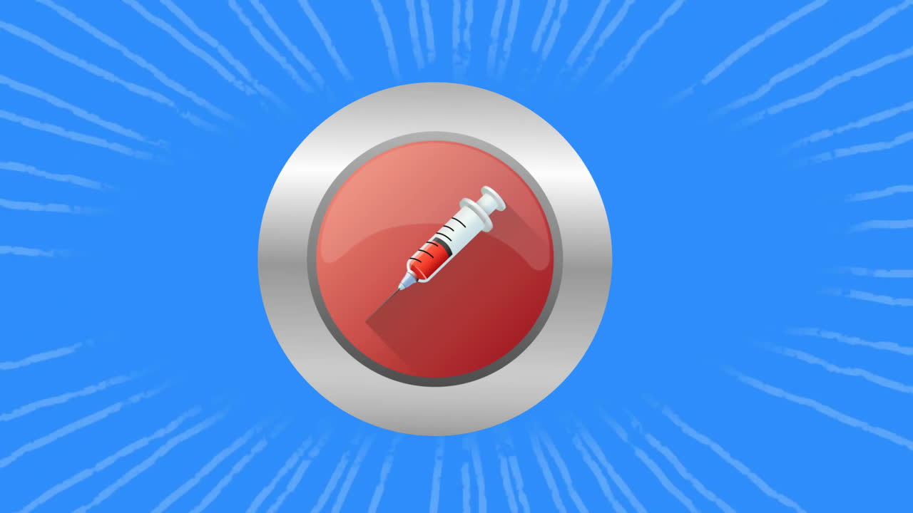 Animation of syringe in red circle in silver frame spinning on blue background