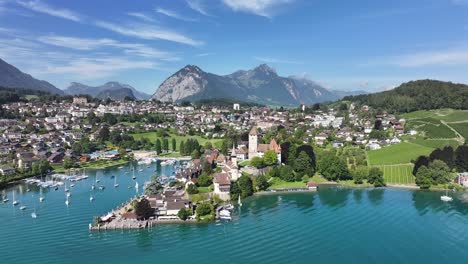 aérea - spiez por el lago thun, con montañas y puerto deportivo en el cantón de berna, suiza