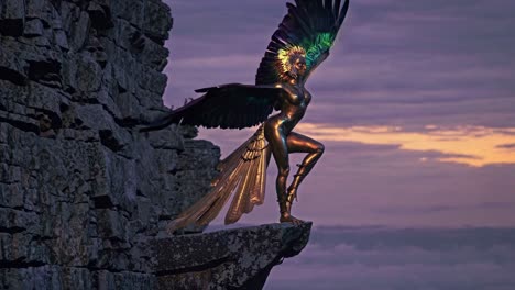 diosa alada en la cima de un acantilado al atardecer