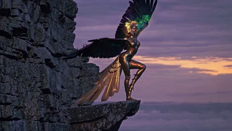 winged goddess on a clifftop at sunset