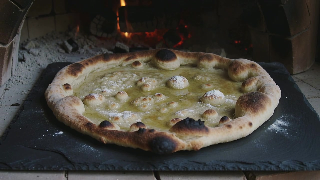 Braci che accendono il formaggio della pizza che gorgoglia, dorandosi e bruciacchiandosi all'imboccatura del forno a legna, completando la cottura