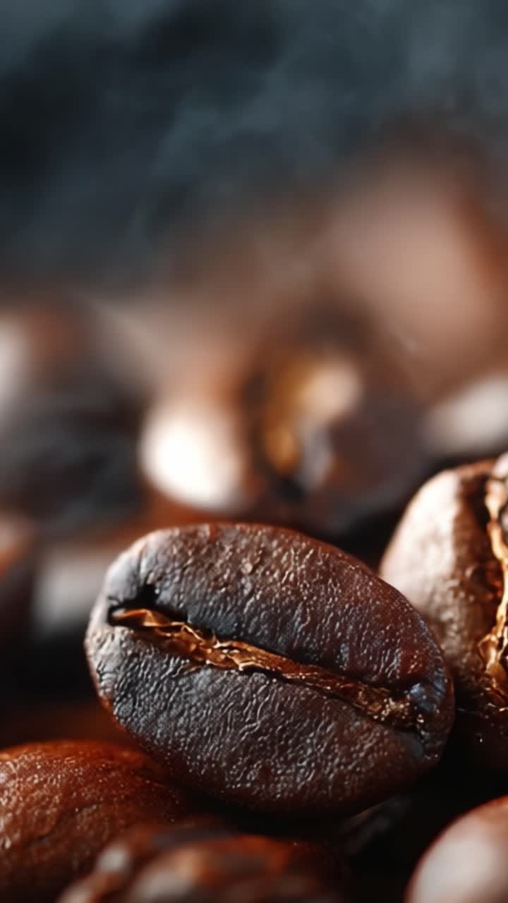Rige, aromatiske kaffebønner fanget i nærbillede, der viser deres dybbrune farve og blanke overflade med let røg, der forbedrer den visuelle oplevelse.