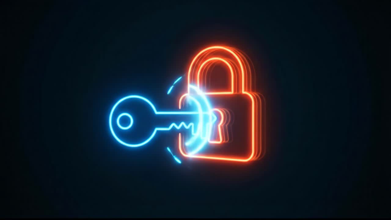 Glowing Neon Padlock and Key Unlocking Animation