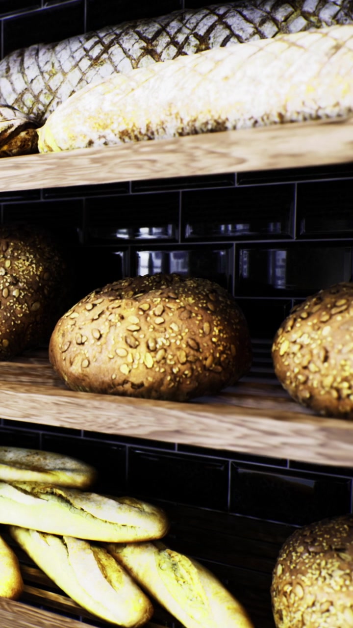 Freshly baked bread on display in a bakery shop in the morning