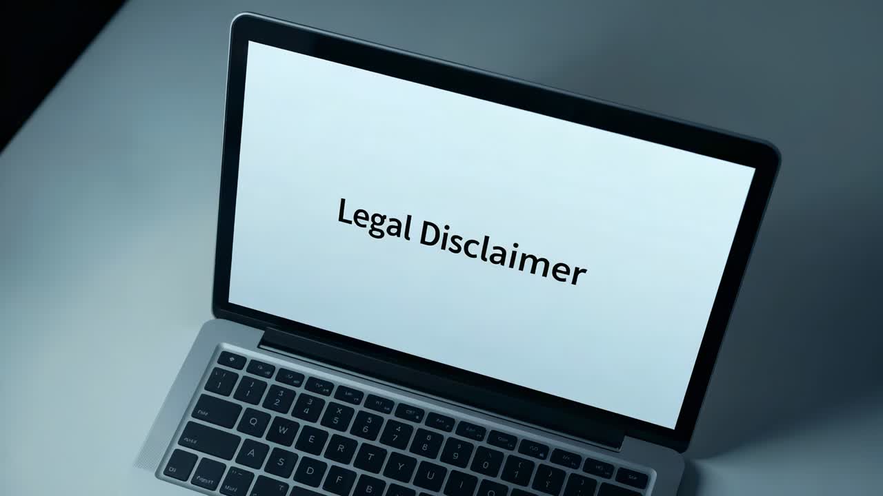 Tilting camera pushing closer to laptop on light tabletop, revealing Legal Disclaimer screen