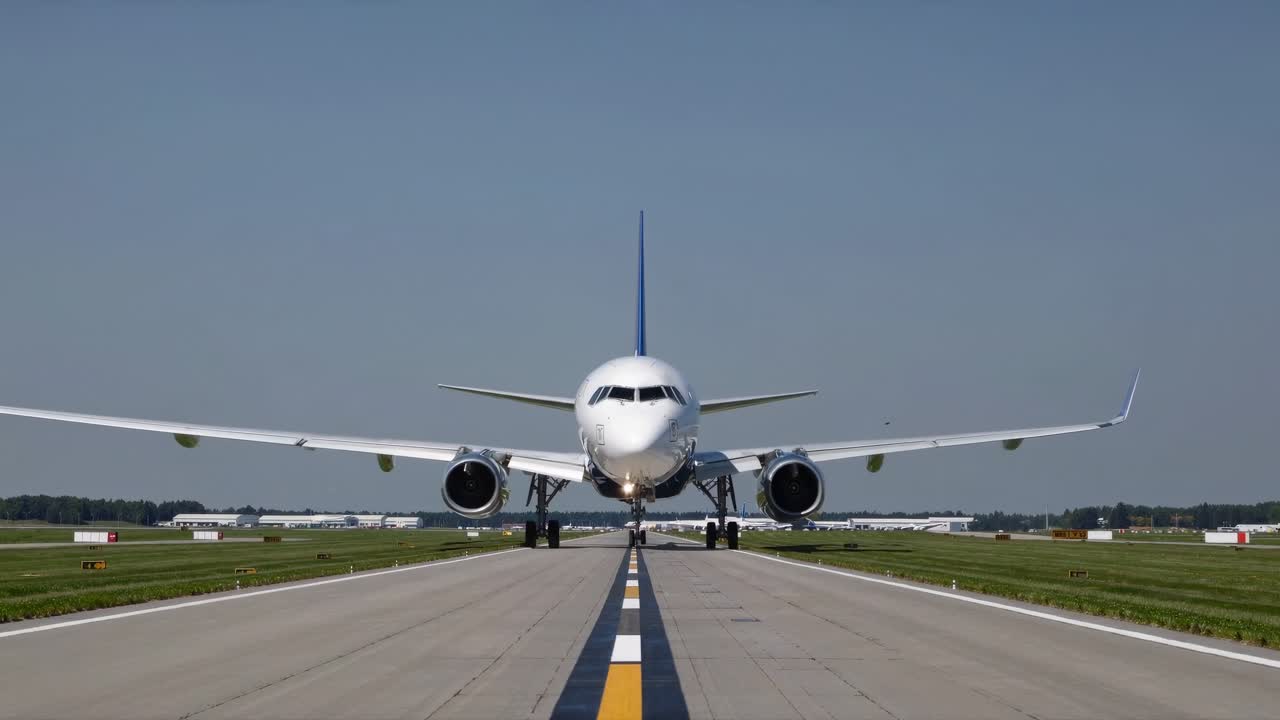 A low-angle video shot captures a plane approaching on a runway, emphasizing symmetry and motion
