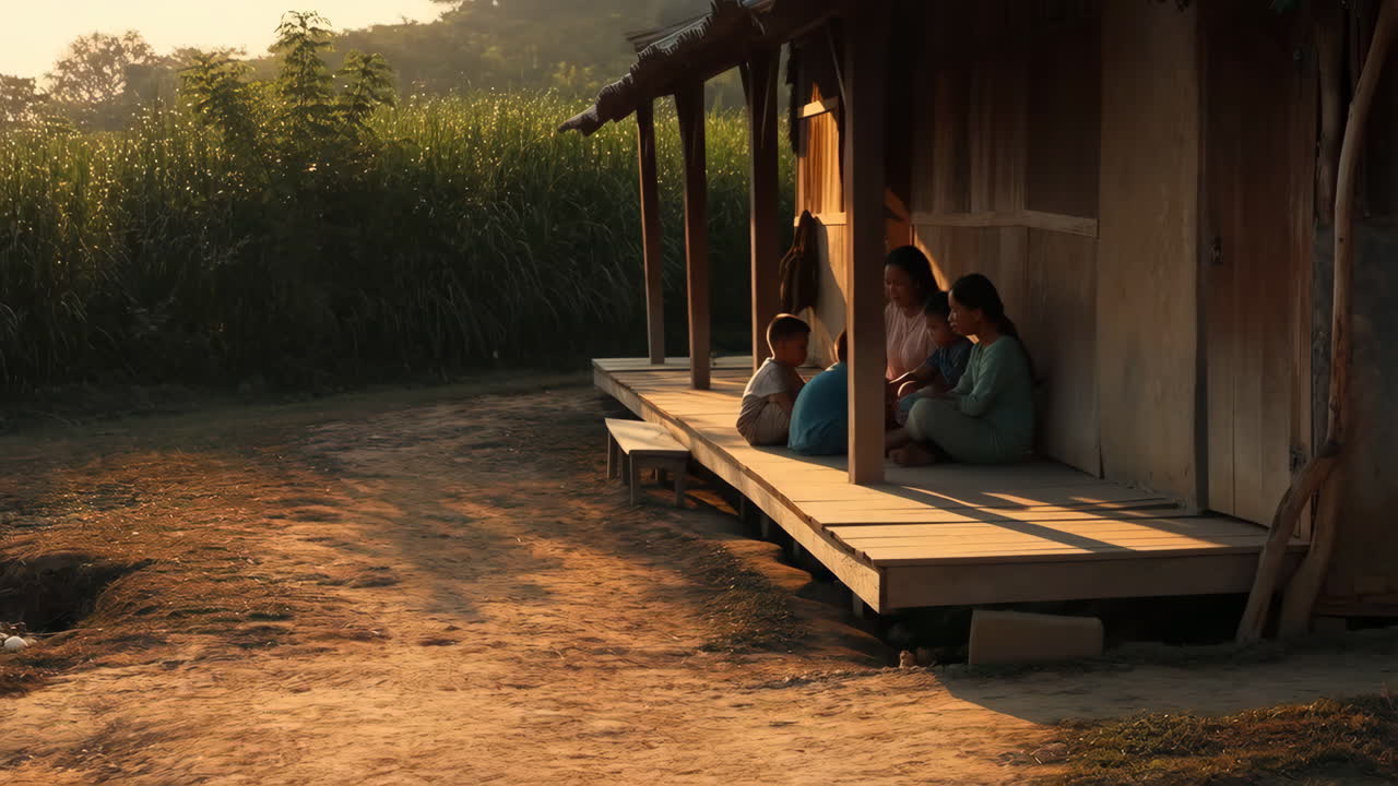Family Gathered on a Rustic Porch in a Rural Village