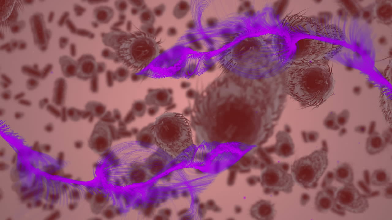 Animation of purple light trails and macro brown covid 19 cells