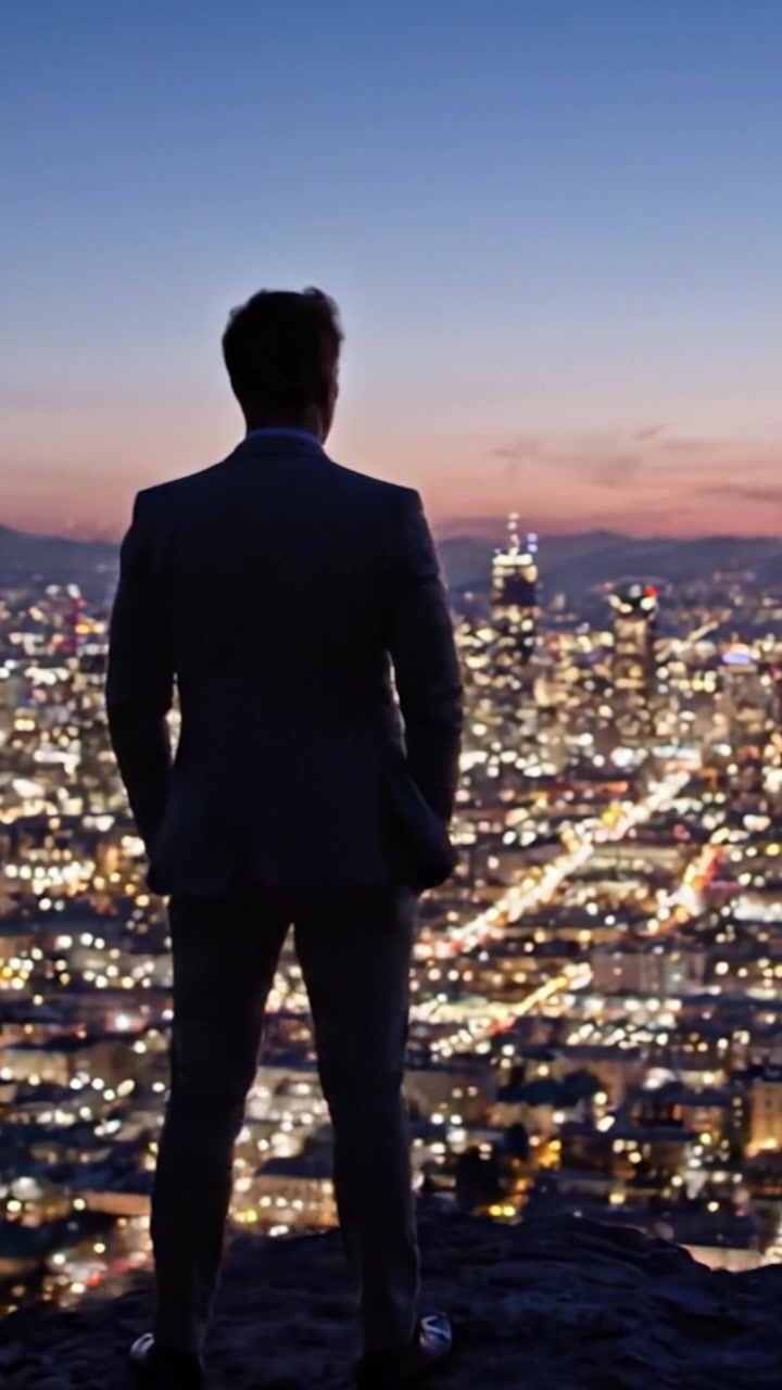 Una figura contemplativa osserva uno skyline vibrante della città al tramonto, illuminato da innumerevoli luci che riflettono ambizione e infinite possibilità nella luce calante
