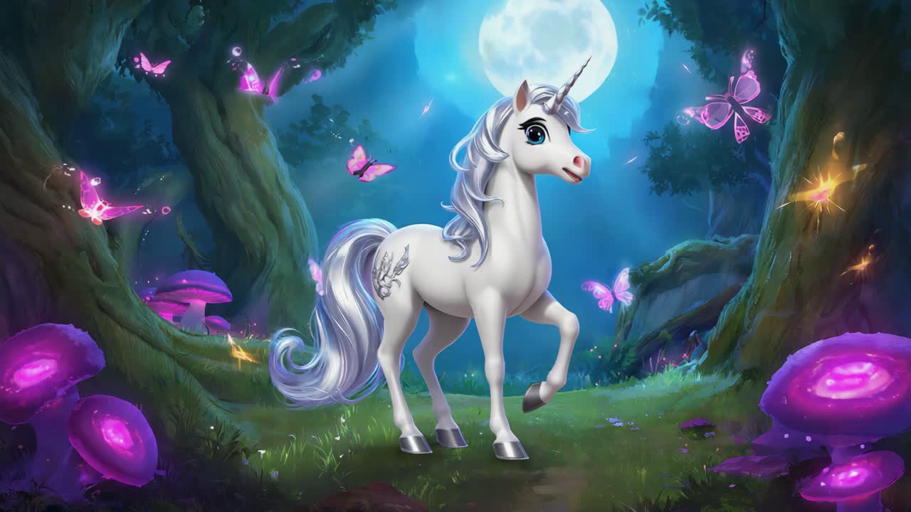 Unicornio mágico en bosque encantado de noche
