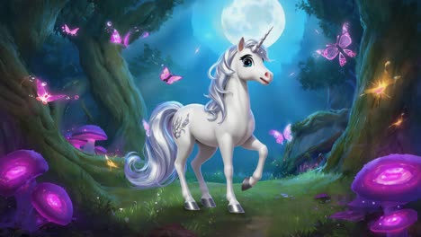 magical unicorn in enchanted forest at night