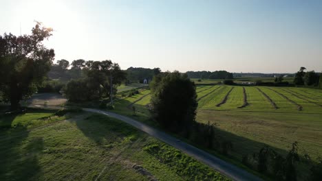 Idyllic-countryside-meadow-during-a-summer-day-with-trees,-grass,-sky-and-road-landscape