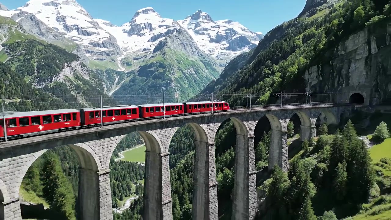 Treno rosso che attraversa un viadotto in pietra nelle Alpi svizzere