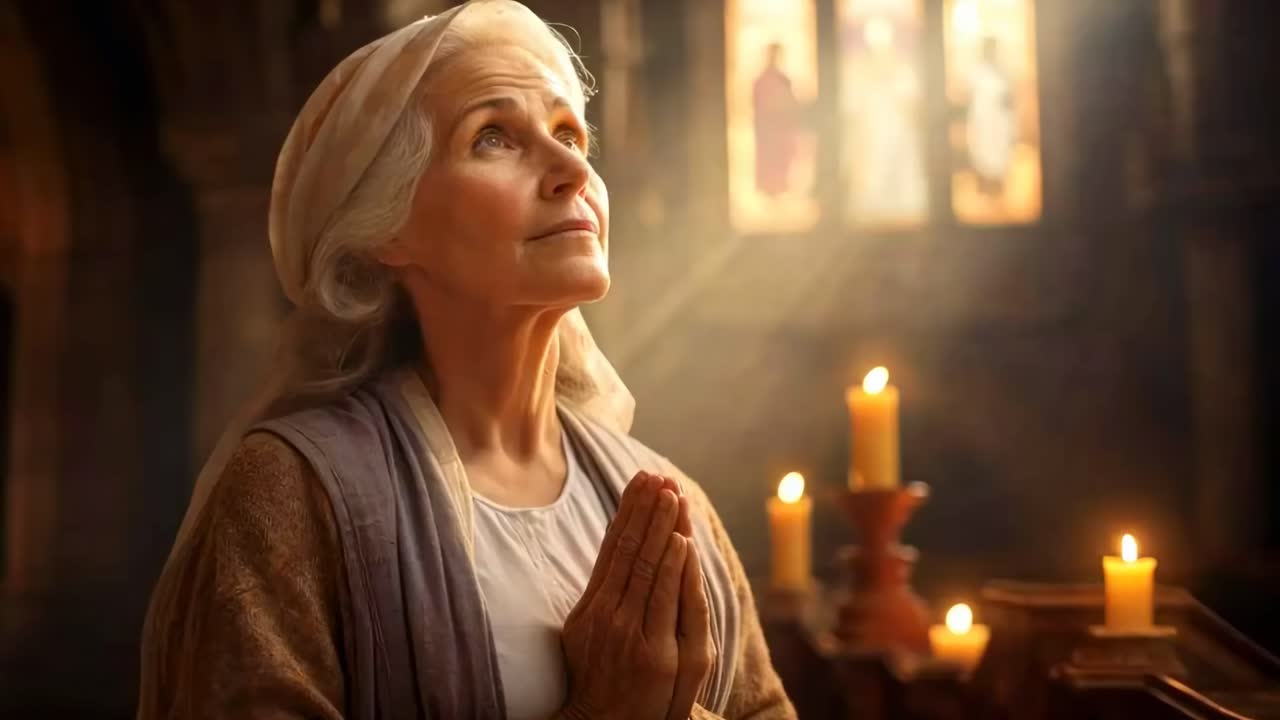 En rolig, filmatisk videoscene av en eldre kvinne som ber i en svakt opplyst kirke