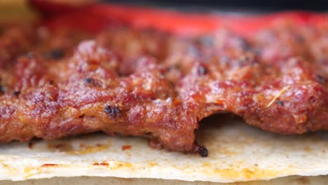 fotografía de cerca de una deliciosa carne a la parrilla en un pinchazo, servida en un pan plano