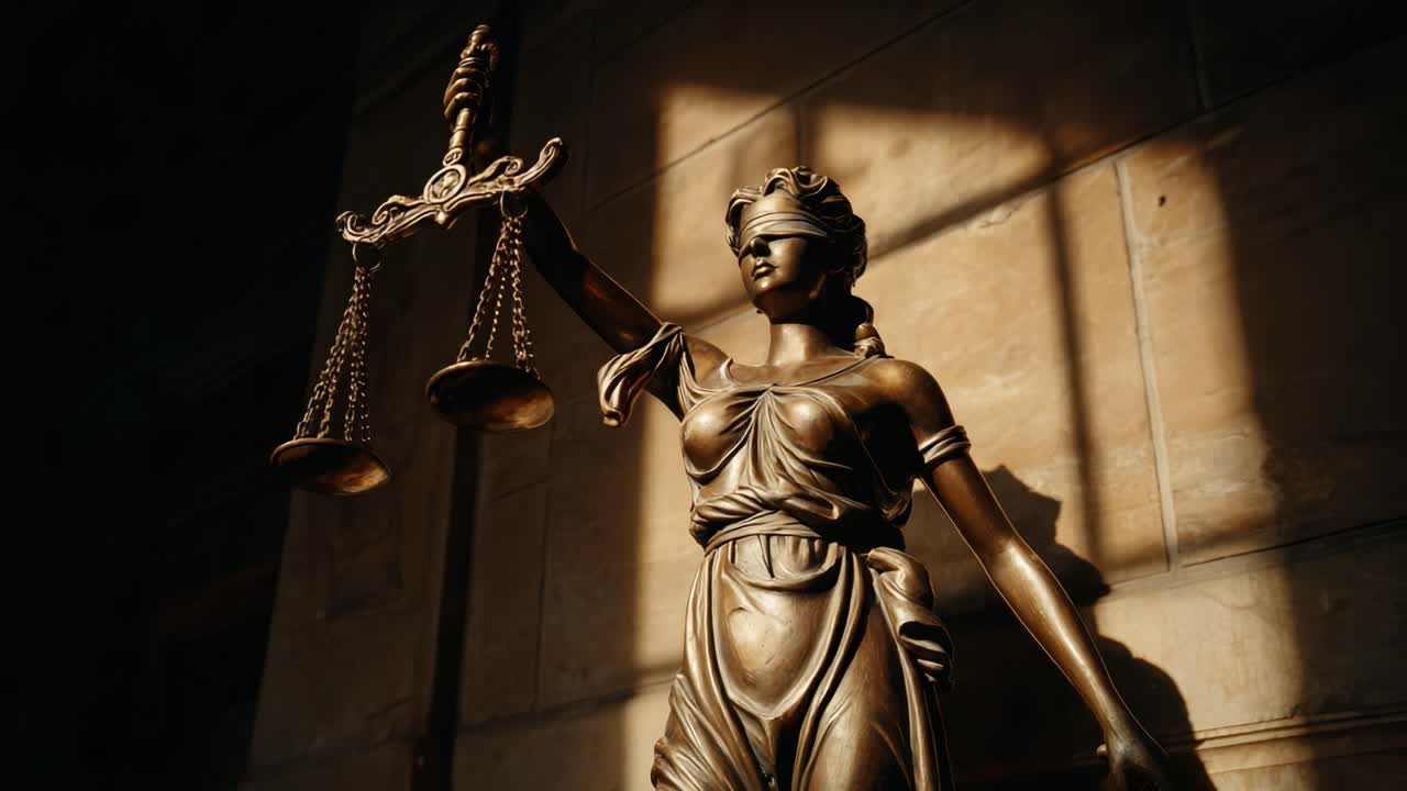 A Majestic Representation of Justice: A Stunning Bronze Statue Depicting Lady Justice with Scales, Blindfolded, Emanating Strength and Impartiality Against a Sunlit Background
