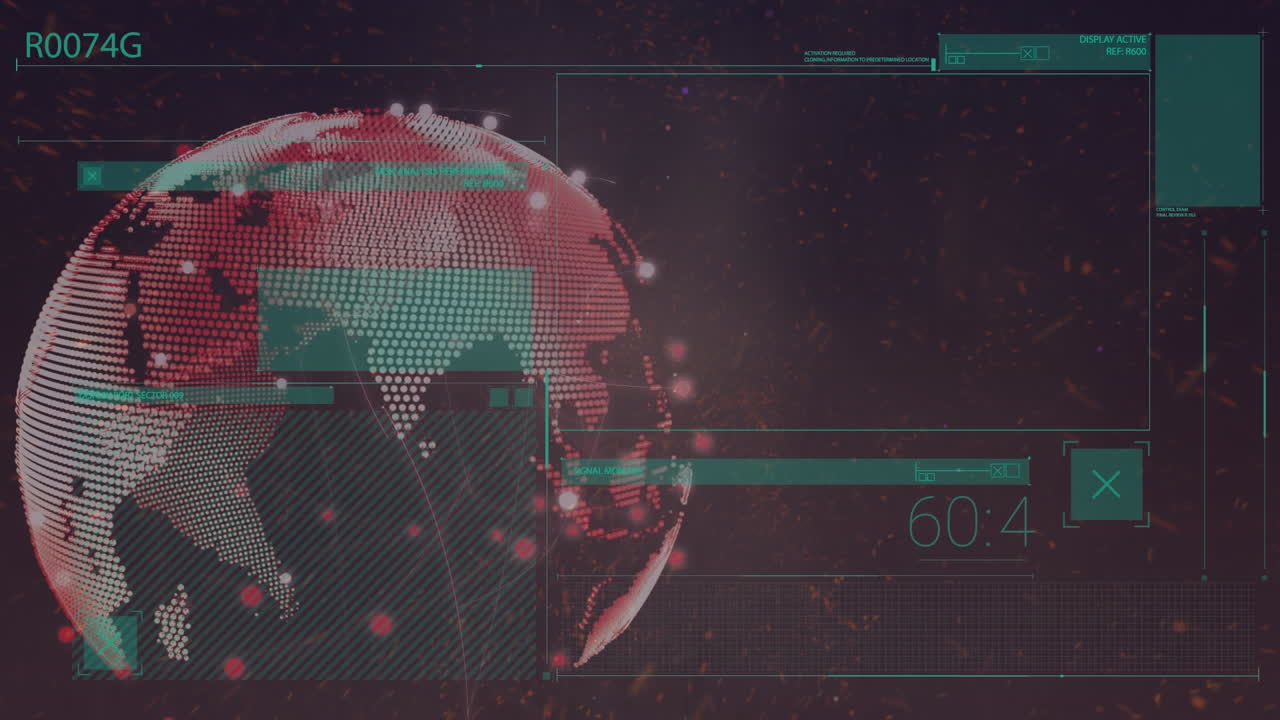 animación del procesamiento de datos y globo sobre fondo negro