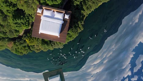 floating bed over water with birds