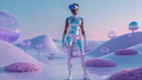 a futuristic avatar in a surreal metaverse landscape