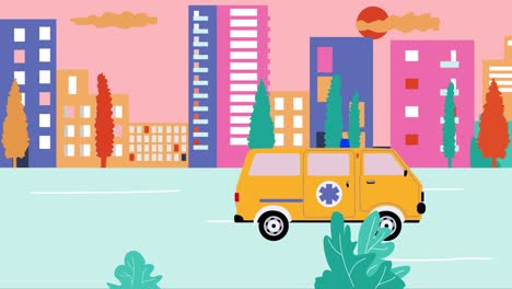 ambulance past by empty streets in city during summer sunset. outbreak coronavirus in city. cartoon animation, flat design, loop 4k
