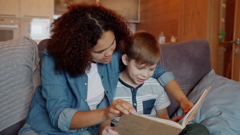 mother and son reading together