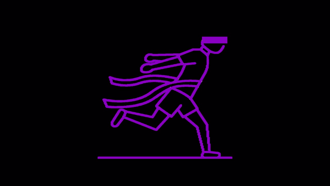 Corridore animato con contorno viola che taglia il traguardo