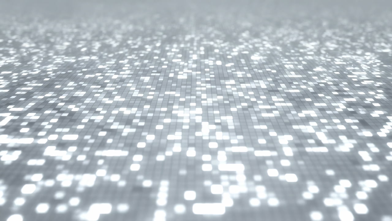 Silver Pixel Field With Shimmer, Glowing Matrix Of Bokeh Lights Across Reflective Surface, Shallow Depth