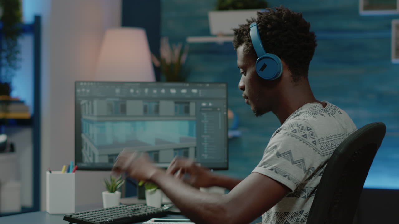 Engineer wearing headphones and designing building model