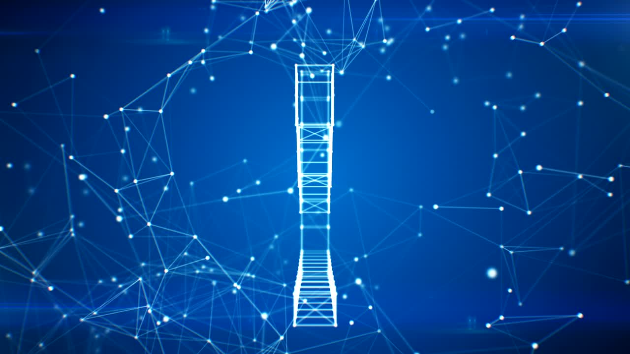 네트워크 클라우드에서 선과 점으로 나타나는 비즈니스 그래프 아이콘, 입자로 형성된 기호, 루프형 3d 애니메이션, 100에서 500 프레임까지의 루프, 비즈니스 및 기술 개념