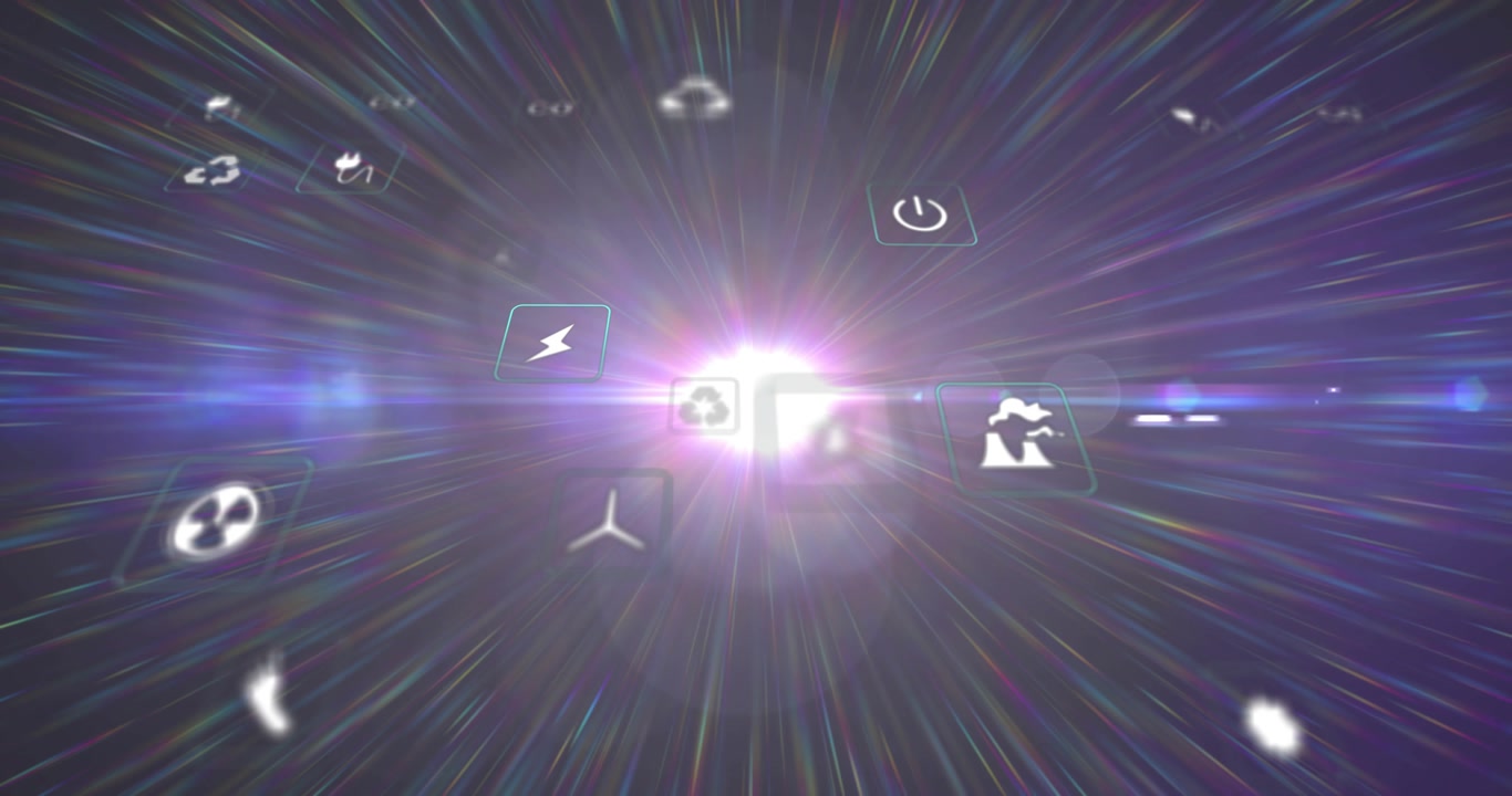 Central orb brightening, sending rays, icons sliding by, camera approaching, showing energy data